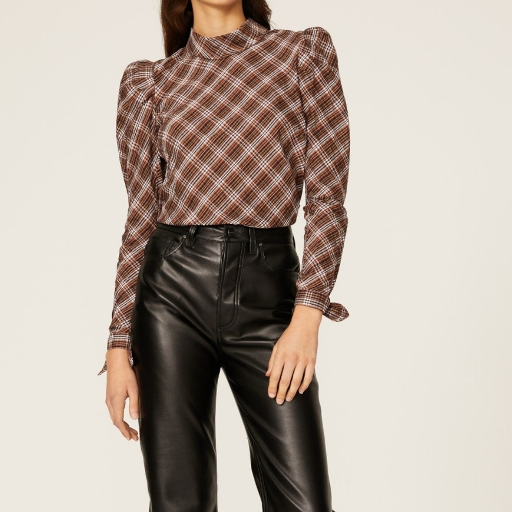 Veronica Beard Isabel Structured Plaid Blouse 10 Puff Sleeve Transitional
